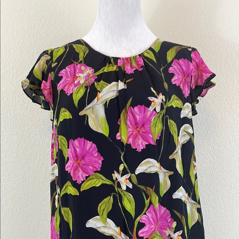 Milly Black and Pink Floral Flutter Sleeve 100% Silk Sundress Large - Picture 2 of 10